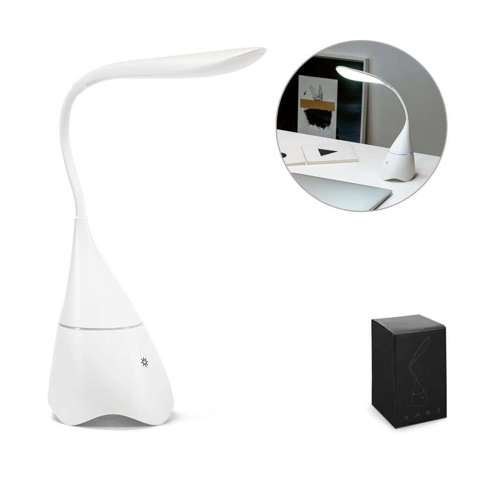 GRAHAM. Luminária de mesa com caixa de som em ABS com 18 LEDs de alto brilho