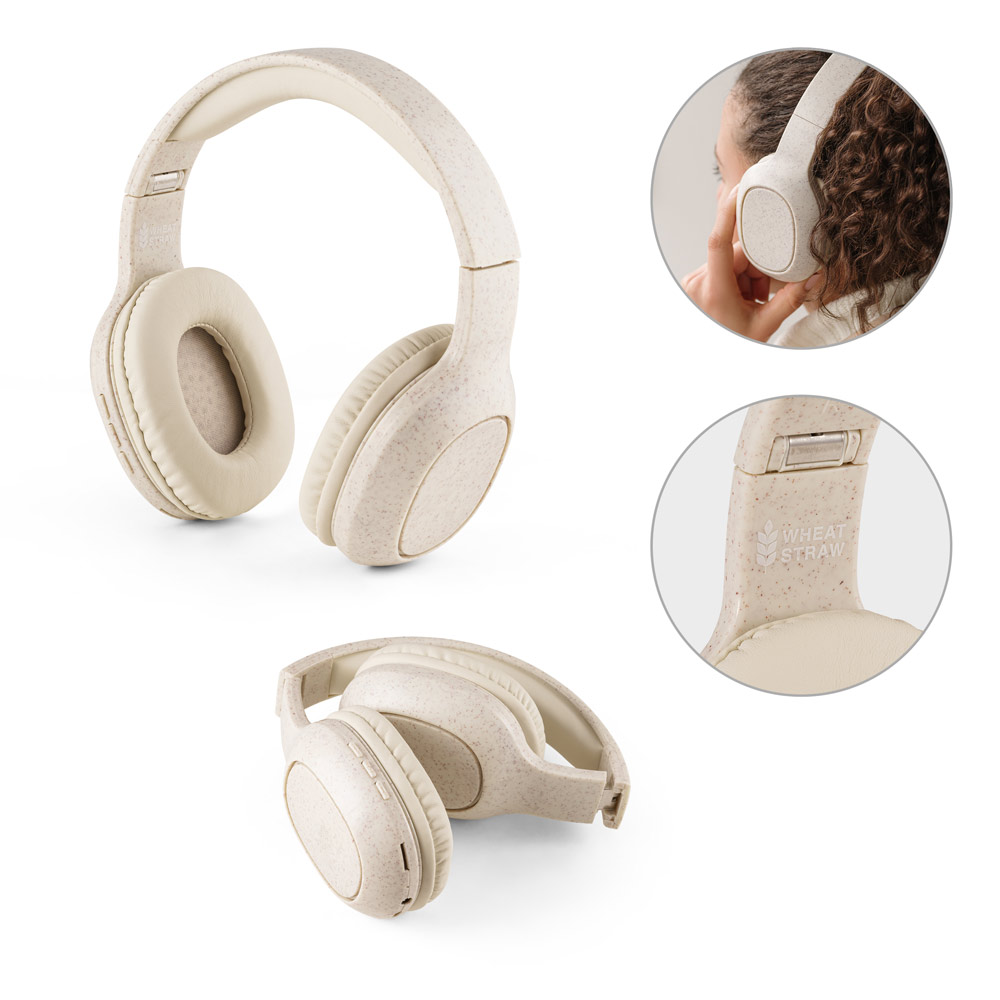 MARCONI. Fones de ouvido wireless dobráveis com autonomia de 13h (400 mAh), em fibra de palha de trigo e ABS