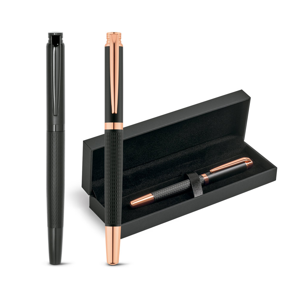 BLAZON. Caneta roller em metal com escrita em preto