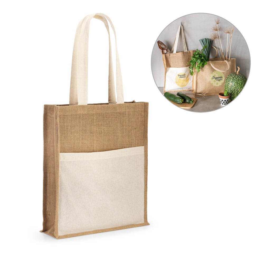 BRAGA. Sacola em 100% juta (240 g/m²) e bolso em 100% algodão (140 g/m²)