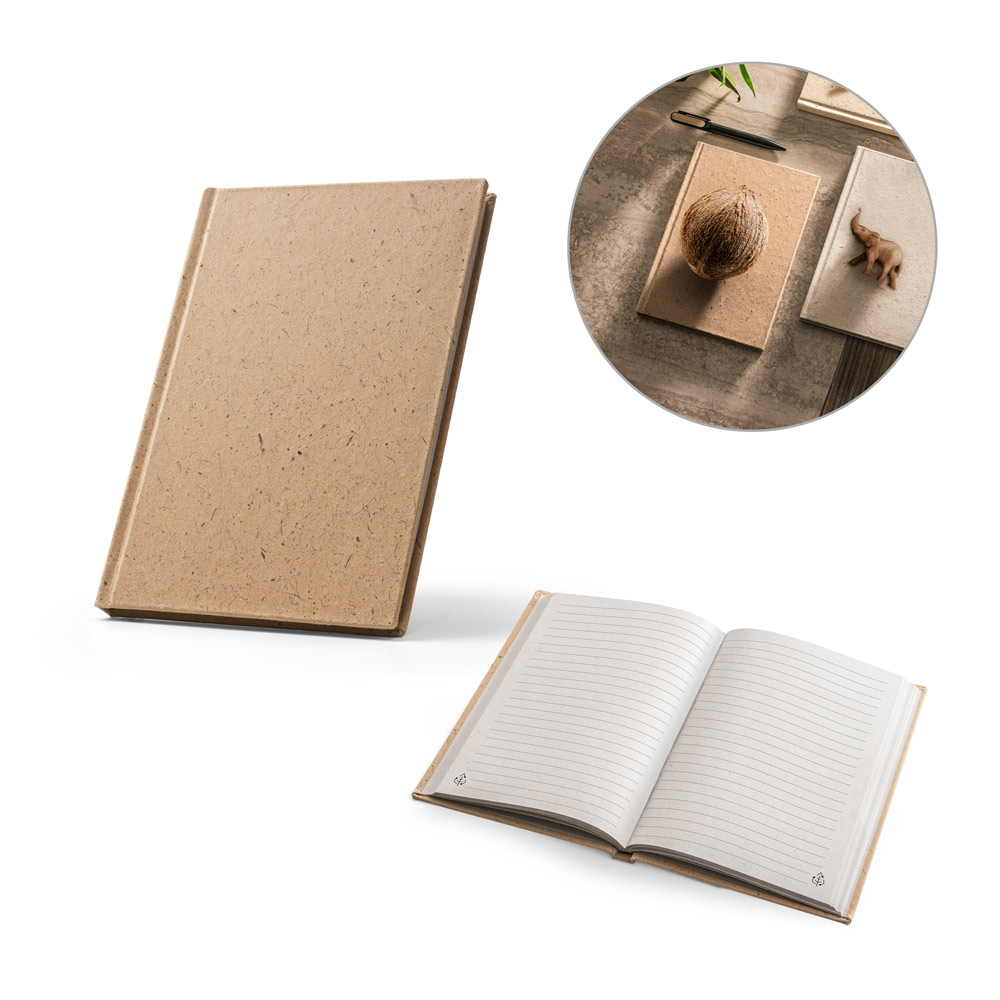 COCOPAD. Caderno A5 em casca de coco (60%) e trapos de algodão (40%), com 160 páginas pautadas recicladas
