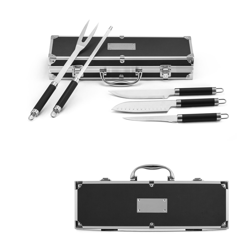CHAMP. Kit churrasco com 3 utensílios em aço inox e madeira de Seringueira e luva