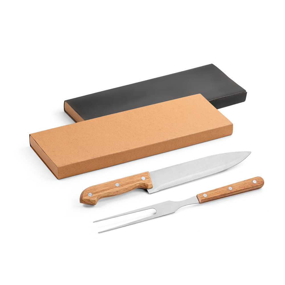 ALIOLI. Kit churrasco em caixa kraft com 2 utensílios em aço inox e bambu