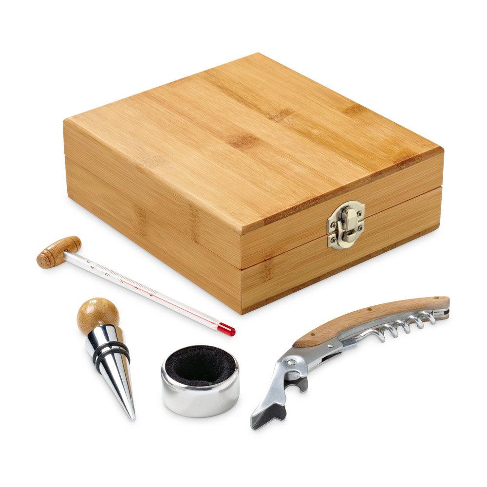 CABERNET. Conjunto para vinho em bambu, inox, vidro e ABS