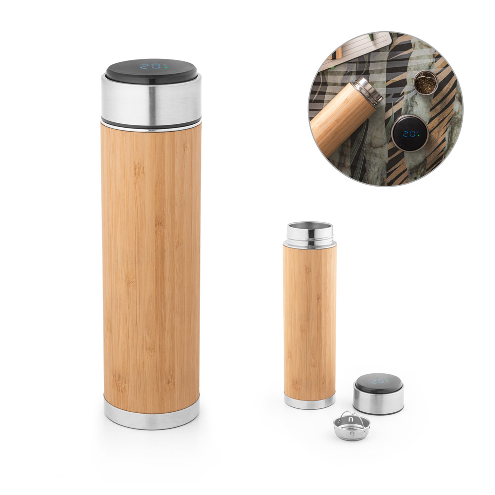 JOSHUA. Garrafa térmica em aço inox e bambu, de parede dupla isolada a vácuo, com termómetro digital (430 mL)