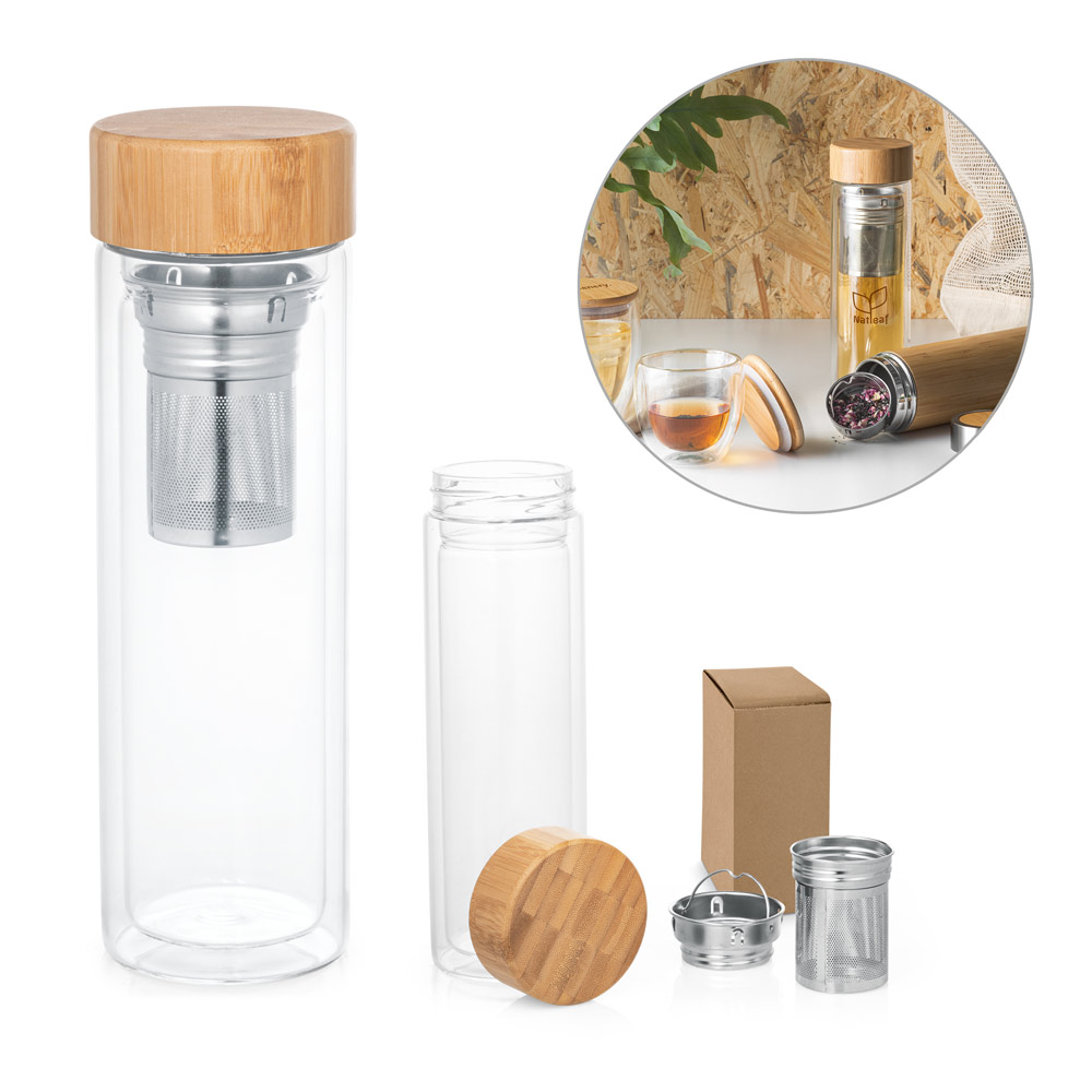 MAKAROVA. Garrafa térmica em vidro borossilicato de parede dupla isolada a ar, com 2 infusores (490 mL)