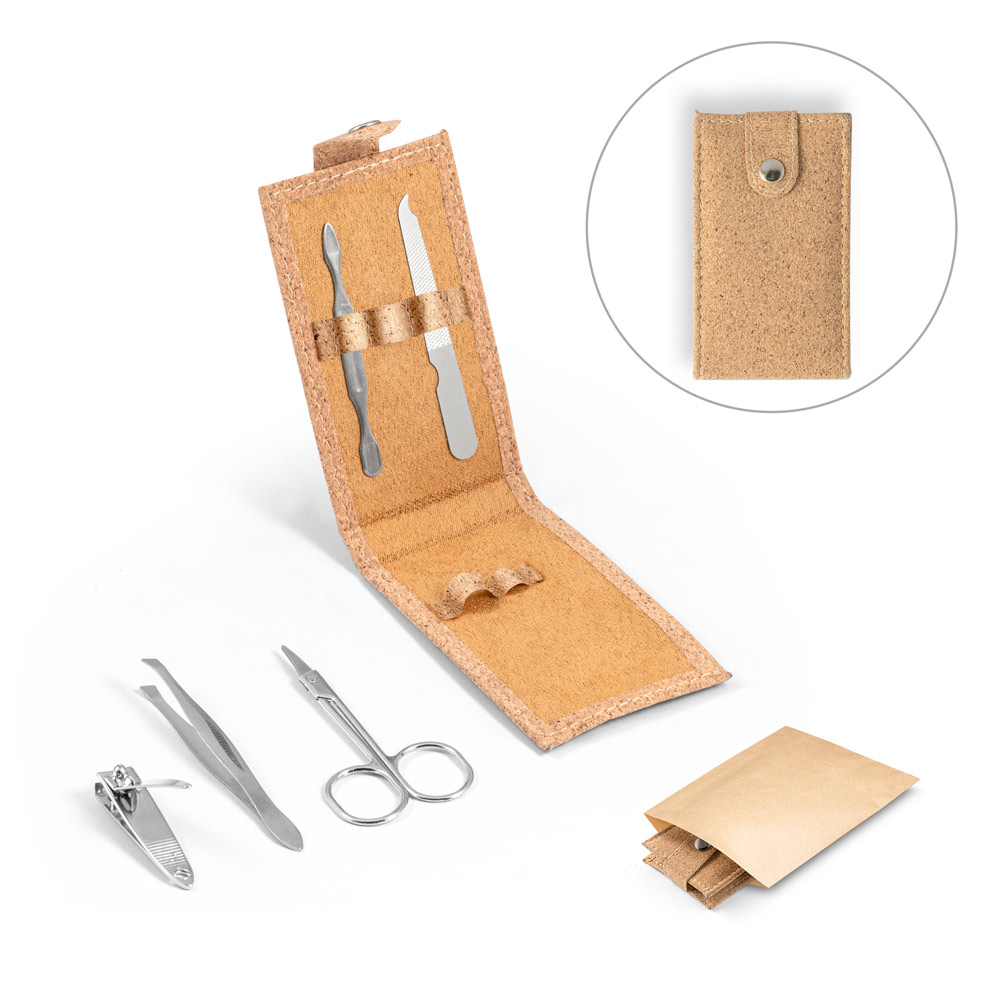 ZENA. Conjunto de manicure em cortiça com peças em aço inox