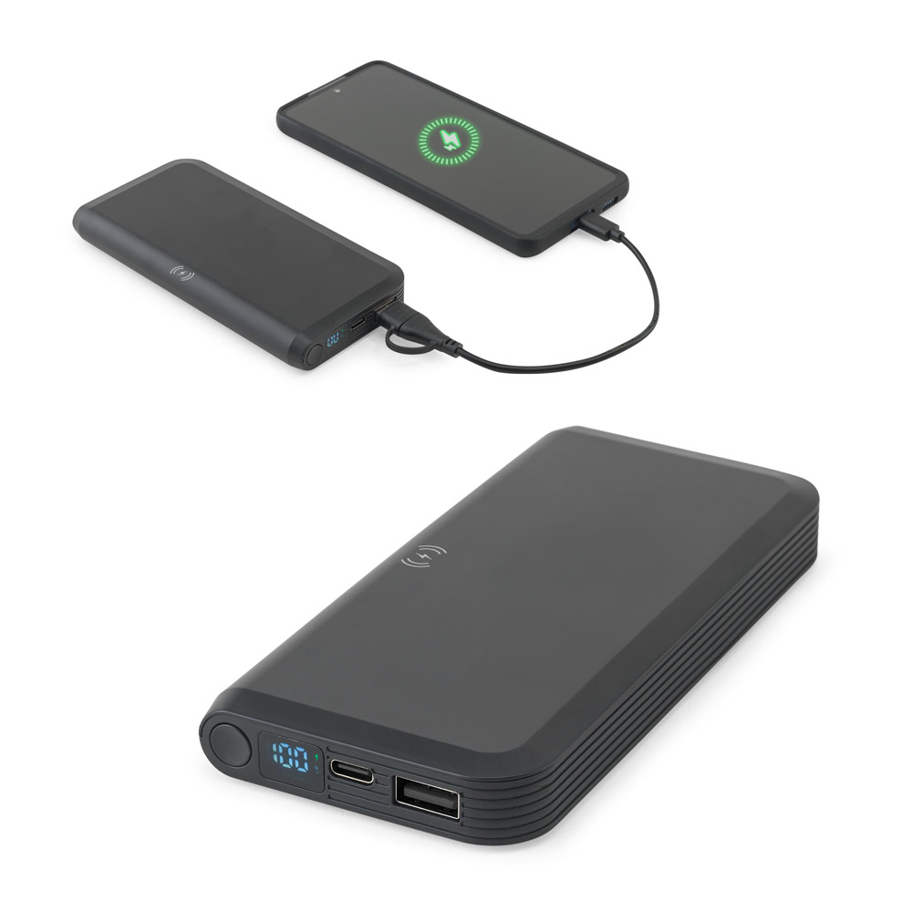 BECKER 10. Bateria portátil com carregador por indução super-rápido (10'000 mAh), em ABS 100% reciclado