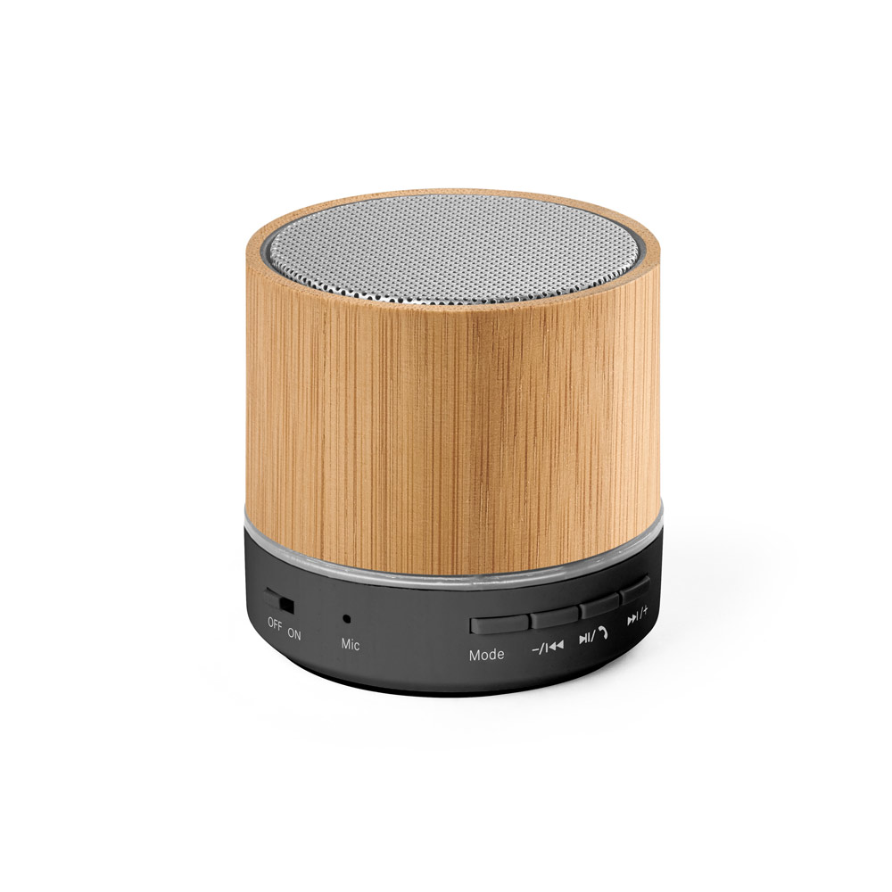 RE-GLASHOW. Caixa de som portátil com microfone e autonomia de 4h30 (400 mAH), em bambu e ABS 100% reciclado
